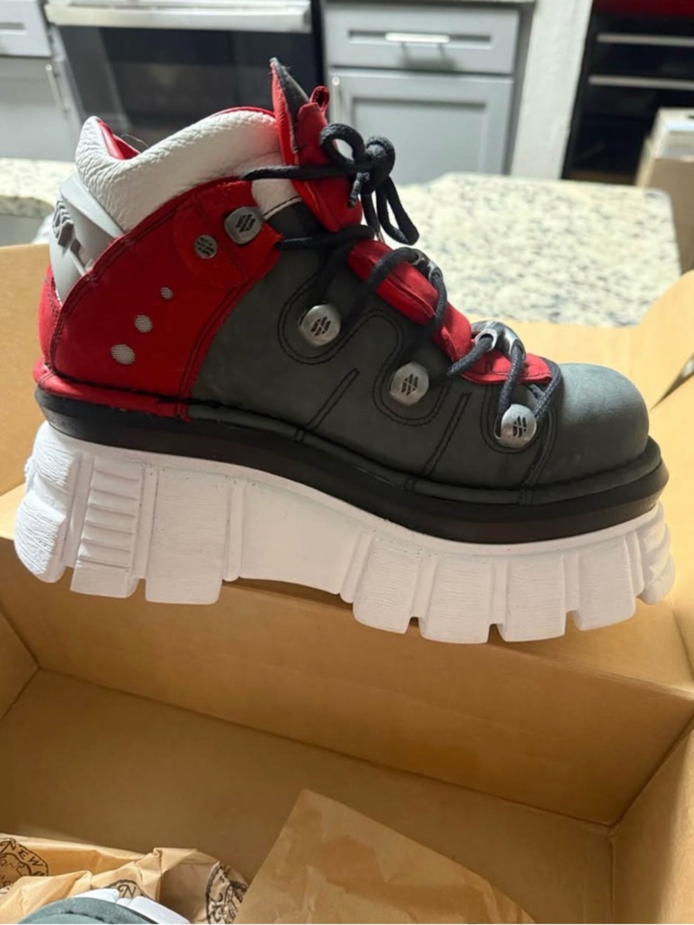 Platform Ankle Bootie in Red, Gray & White - Women's Chunky Hiking Style